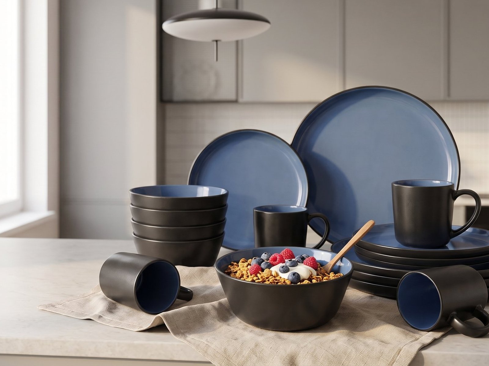 Коллекция MUGE Oula Matte Blue - чёрная керамика с васильковой глазурью внутри